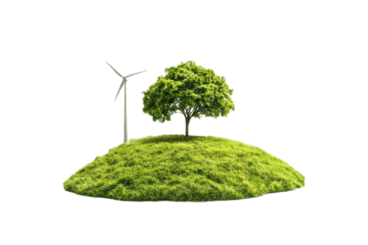 Eco-friendly concept with a wind turbine and a tree on a grassy hill, representing sustainable energy and environmental conservation. png