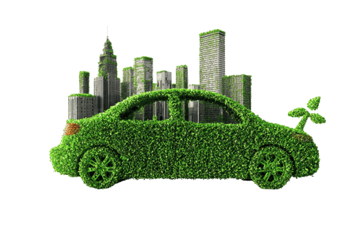 Eco-friendly car covered in green foliage with cityscape in the background, symbolizing sustainable urban transportation. png