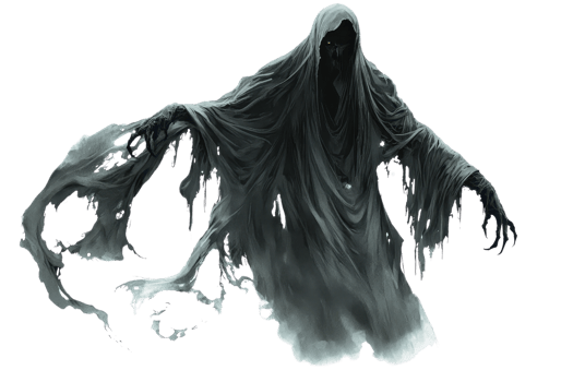 Eerie dark cloaked ghost figure with flowing tattered robes, exuding a menacing and supernatural presence against a transparent background. png
