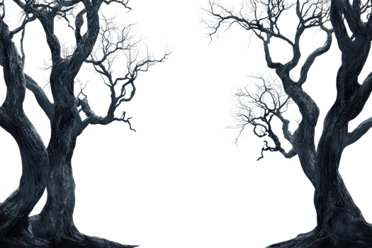 Fantasy forest scene with two ancient, twisted trees forming a natural archway, creating a magical and mysterious atmosphere. png