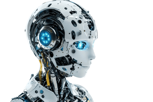 Futuristic humanoid robot with blue eyes and complex mechanical components, representing advanced AI technology. Side profile view. png