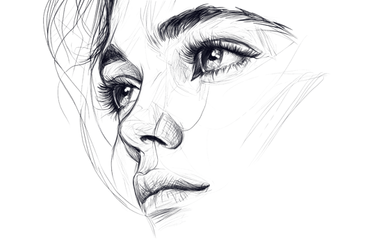 Intricate black and white sketch of a woman's face, showcasing detailed line work and emotional expression. png