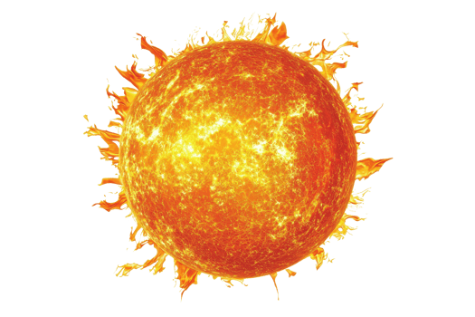 High-resolution image of the sun with vibrant solar flares, showing details of the fiery surface and corona, perfect for astronomy themes. png