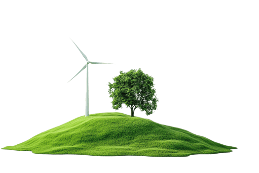 Isolated wind turbine and tree on a grassy hill, symbolizing renewable energy, sustainability, and nature conservation. png