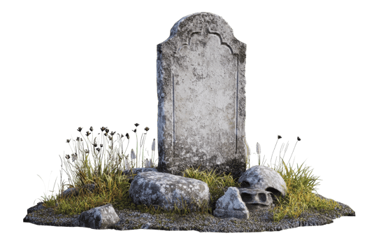 Ancient, weathered gravestone surrounded by rocks and grass, featuring a decaying skull, signifying mystery and history. png