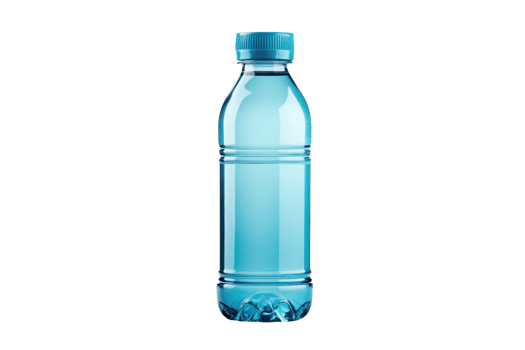 Clear blue plastic water bottle isolated on transparent background. Hydration concept. Recycling and environment-friendly packaging. png