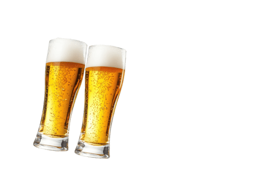 Two frothy glasses of beer with bubbles, ideal for celebrating, toasting, or relaxing. Perfect for summer, parties, or beer-related events. png