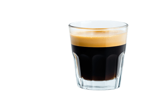 A close-up of a freshly brewed espresso in a clear glass, showcasing the rich crema on top. Perfect for coffee lovers and cafe advertisements. png