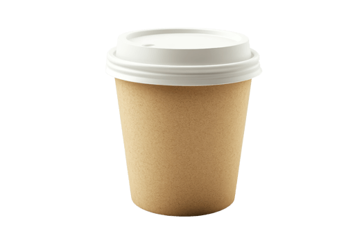 Brown disposable coffee cup with white lid isolated on transparent background. perfect for takeout, beverage, and eco-friendly themes. png