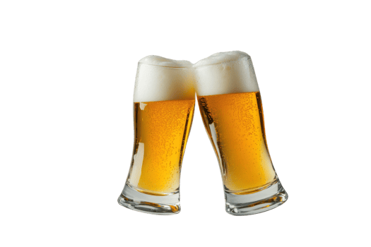 Two frothy glasses of beer clinking together in celebration, symbolizing friendship and good times with a crisp, refreshing drink. png