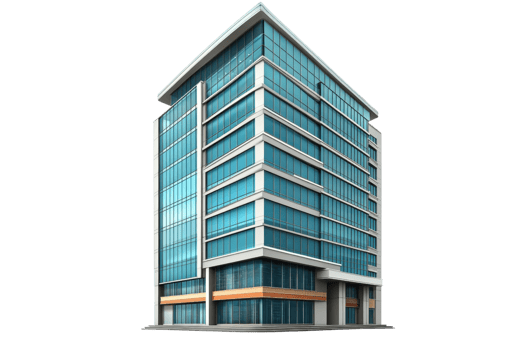 Modern glass office building with multiple stories, blue-tinted windows, and sleek architectural design on a transparent background. png