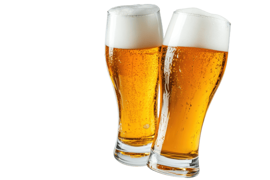 Two frosty glasses of golden beer with foam topping, perfect for relaxation, celebration, or casual dining. Refreshing and inviting beverages. png