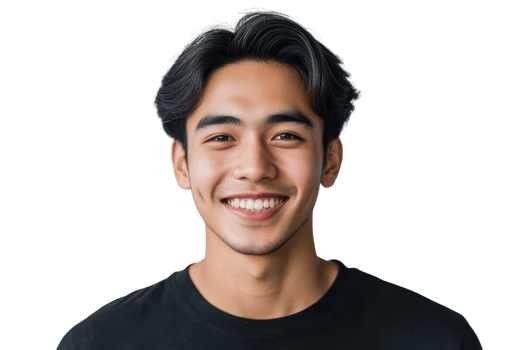 Young Asian man smiling with white teeth, wearing a casual black shirt, against transparent background. Bright, positive expression and dark hair. png