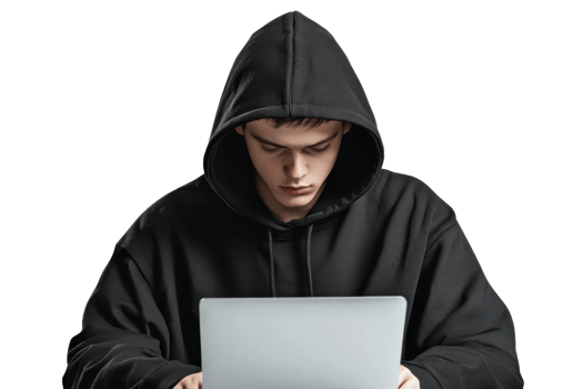 Young person in a black hoodie intensely working on a laptop. Perfect for cybersecurity or hacker themes, and technology concepts. png