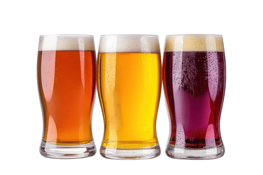 Three glasses of craft beer in varying colors, showcasing a range of brewing styles and ingredients on a transparent background. png