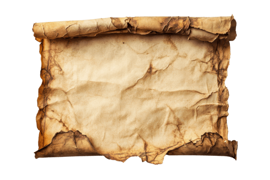 Close-up of an aged, weathered scroll with burnt edges, perfect for historical or vintage-themed designs. png