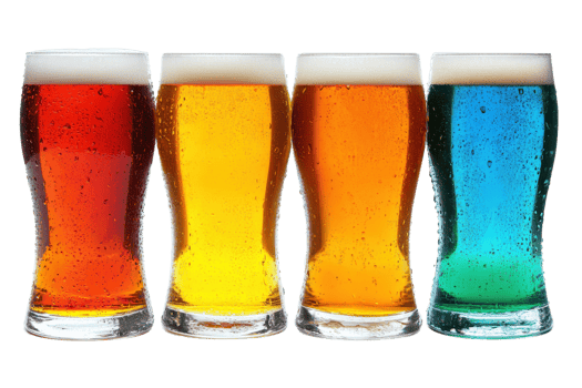 Colorful selection of four glasses of beer showcasing various beer types, perfect for promoting craft beer collection and brewery advertisements. png
