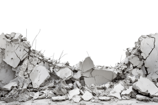 Demolition debris showing broken concrete and rubble from a collapsed structure, illustrating destruction and construction themes. png