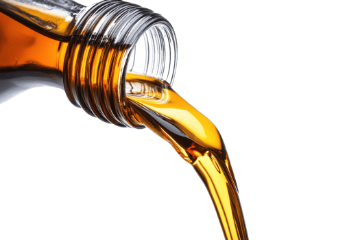 Close-up of amber liquid being poured from a bottle with a transparent background. showcasing the flow and texture of the liquid. png