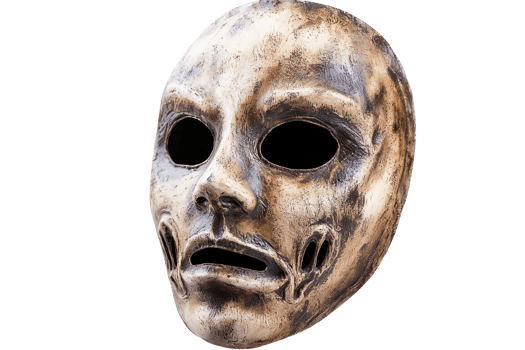 Distressed theatrical mask with an aged appearance, perfect for horror or Halloween themed designs. High resolution and transparent background. png