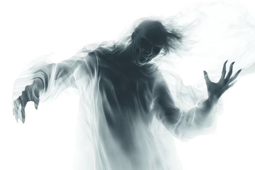 Eerie ghost figure with ethereal, mist-like appearance, appearing to float. Perfect for Halloween themes, horror concepts, and spooky decorations. png