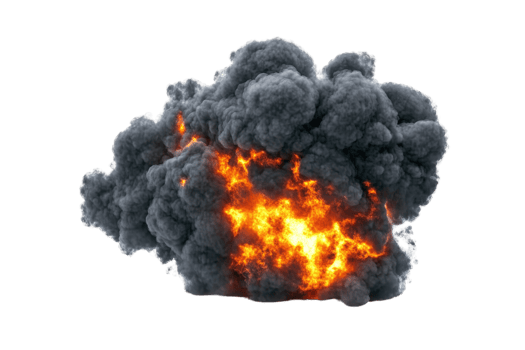 Dramatic explosion with dark smoke and bright flames isolated on a transparent background. perfect for action scenes or disaster concepts. png