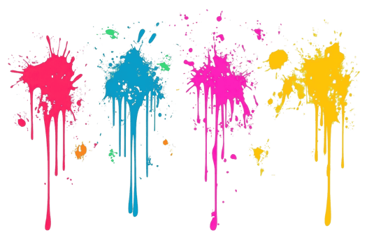 Colorful paint splashes forming artistic abstract background with bright vibrant hues of red, blue, pink, and yellow. png