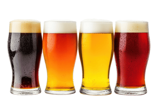 Four glasses of different types of beer lined up in a row, showcasing a variety of colors from dark to light, with frothy heads. png