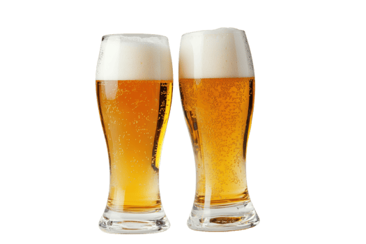 Two cold beer glasses filled with frothy beer on a transparent background. perfect for party or beverage-related themes. png