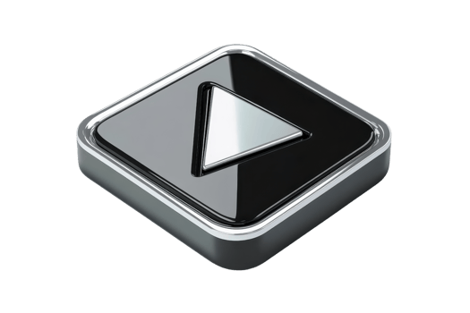3D metallic play button icon in black and silver, isolated on transparent background. shiny multimedia symbol for digital use. png