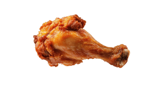 Close-up of a crispy fried chicken drumstick isolated on a transparent background. showcasing delicious golden-brown texture. png