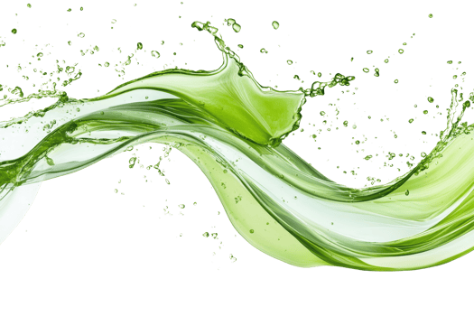 Dynamic green liquid splash with flowing wave and droplets, showcasing vibrant energy and fluid motion on a transparent background. png