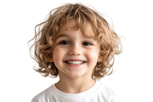 Portrait of a smiling child with curly hair, isolated on a transparent background. wearing a white shirt. png