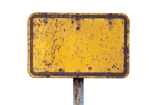 Rusty old yellow metal signpost with weathered texture isolated on a transparent background. conveying a vintage and industrial aesthetic. png