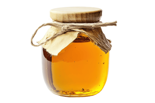 A clear jar filled with golden honey, sealed with a wooden lid and rustic twine, perfect for culinary and health uses. png