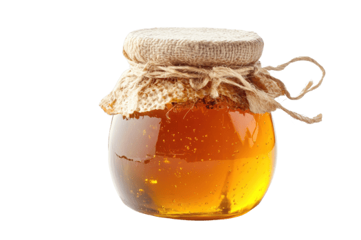 A jar of golden honey with a rustic burlap lid isolated on transparent background. showcasing its natural sweetness and rich texture. png