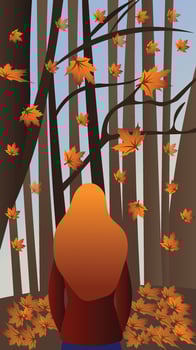 Autumn Forest. Defoliation. Girl with long hair is looking at falling leaves vector