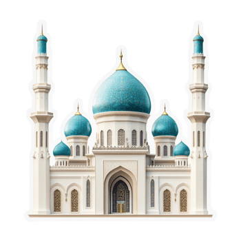 A white mosque with blue domes sticker png