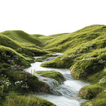A stream runs through a grassy field png
