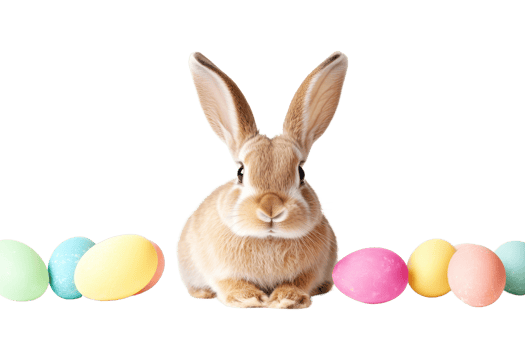 Adorable bunny with colorful Easter eggs. A perfect stock image for Easter celebrations and spring-themed projects. png