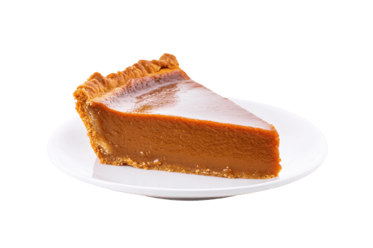 A delicious slice of pumpkin pie served on a white plate, perfect for autumn and holiday desserts. Rich, creamy, and full of seasonal flavor. png