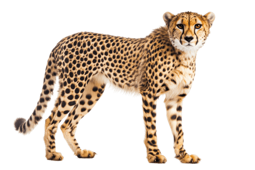 High-resolution image of a majestic cheetah standing and looking ahead, showcasing its beautiful spotted coat and lean build in a clear background. png