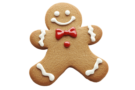 Smiling gingerbread man with red bowtie and white icing decorations, perfect for Christmas and holiday themes. png