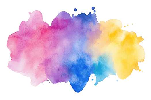 Vibrant watercolor splash blending pink, purple, blue, and yellow hues. Ideal for creative design, backgrounds, and artistic projects. png