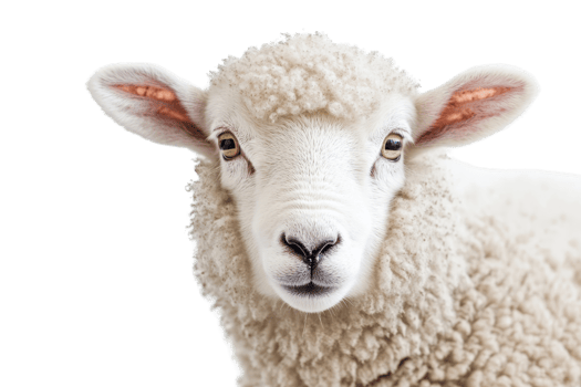 Close-up of a white sheep with curly wool and alert expression. Perfect for agricultural, natural, and pastoral themed projects. png