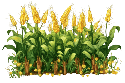 A vibrant field of corn plants with lush green leaves and bright yellow cobs, illustrating agricultural growth and harvest. png
