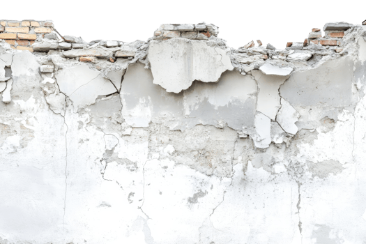 Crumbling white concrete wall with exposed brick, depicting urban decay and weathering over time, creating a rough, textured surface. png