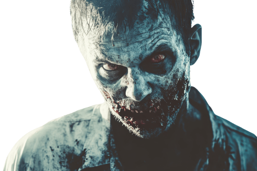 Creepy zombie with decaying skin and red eyes, perfect for Halloween themes, horror concepts, and spooky design elements. png