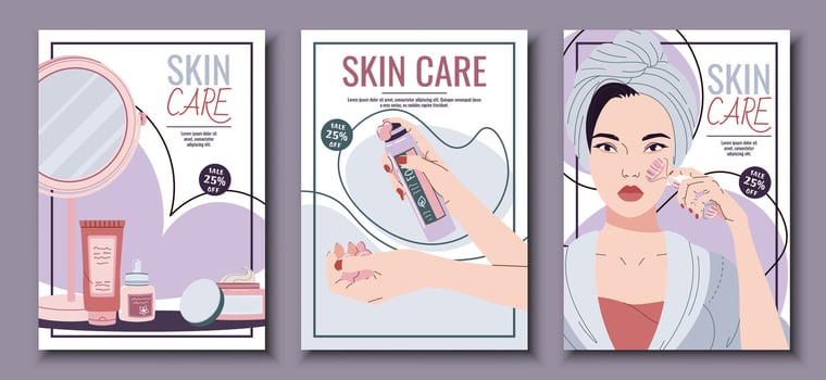 Skin care flyer design set. Poster with an Asian woman doing gua sha massage. Facial skin care, skin moisturizing. Banner for beauty salon, spa, etc. vector