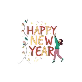 Happy new year greeting card with girl holding up a string of lights vector
